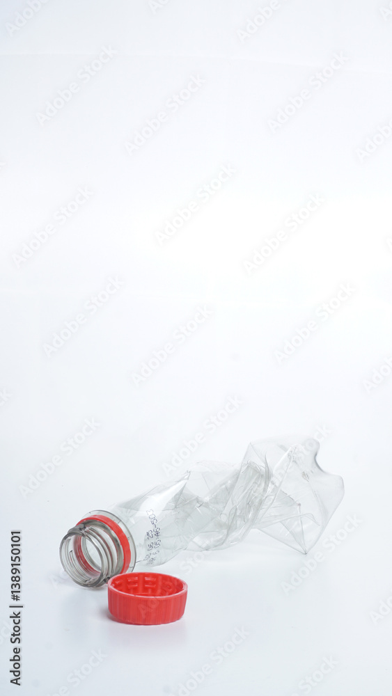 Empty crumpled plastic bottle waste with red bottle cap isolated on white background Empty crumpled plastic bottle waste with red bottle cap isolated on white background
