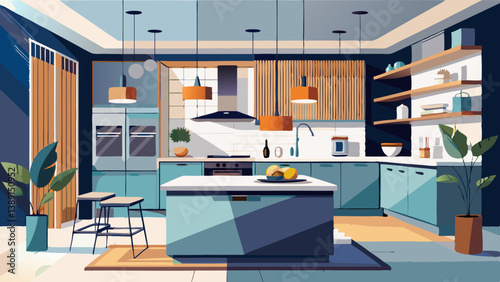 Contemporary kitchen design featuring a sleek island, minimalist cabinetry, and stainless steel appliances