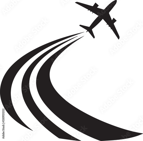 Airplane travel flight aviation transport silhouette jet airliner tourism journey trip voyage icon 