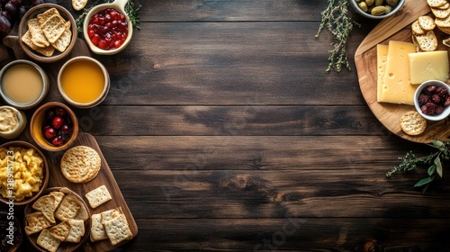 Gourmet cheese and cracker platter on dark wood