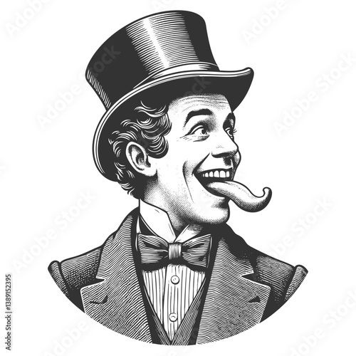 Silly funny facial expression gentleman with top hat sticking out his tongue sketch engraving generative ai vector illustration. Scratch board imitation. Black and white image.