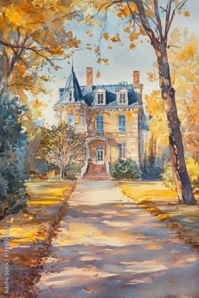 Fototapeta premium A beautiful watercolor painting of a mansion in the autumn
