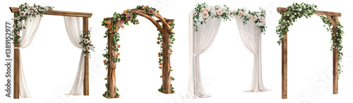 Set of wedding arches with flowers, isolated on transparent cutout background