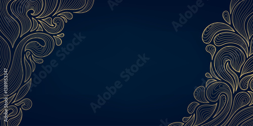 Vector art deco nouveau gold swirl background, line royal leaf frame, baroque decor geometric pattern. Wavy flourish design, fashion invitation.