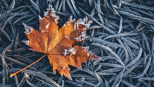 Experience the beauty of a decaying leaf adorned with frost particles, set against a backdrop of high contrast and warm tones. This close-up image captures the delicate details of nature.
