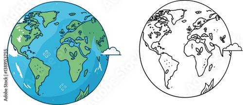 Earth globe world planet map geography environment ecology nature leaf green blue continent illustration