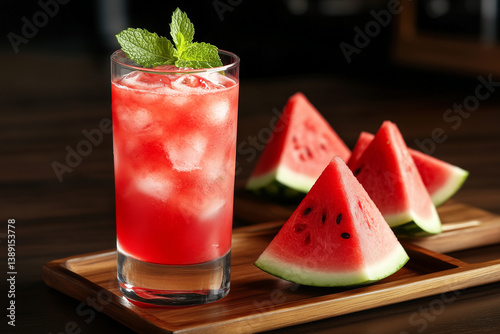 Refreshing summer drink with watermelon slices