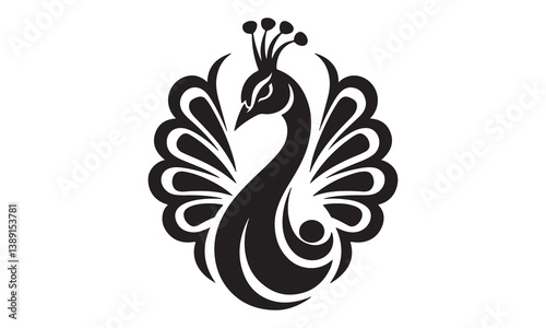 Black and white silhouette peacock vector illustration. illustration vector graphics of tribal art design peacock. Silhouette illustration of a peacock. logo, tattoo. watermark.