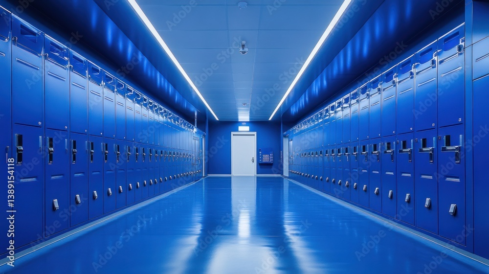 Fototapeta premium A long hallway lined with many blue lockers. Modern, clean, and spacious storage area. Perfect for gym, school, or office. Well-lit, contemporary design.