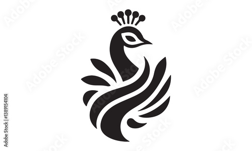 Black and white silhouette peacock vector illustration. illustration vector graphics of tribal art design peacock. Silhouette illustration of a peacock. logo, tattoo. watermark.