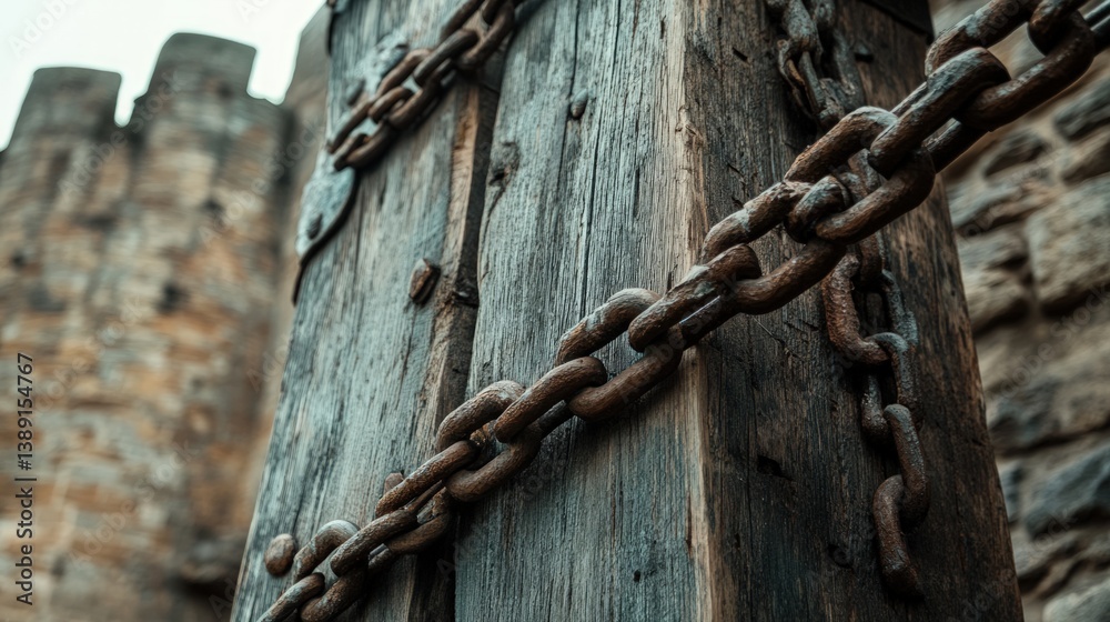 Ancient Rusty Chains on Weathered Wooden Post, Historic Castle Background