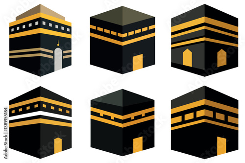 Collection of Six Different Isometric Illustrations of the Kaaba in Mecca Saudi Arabia