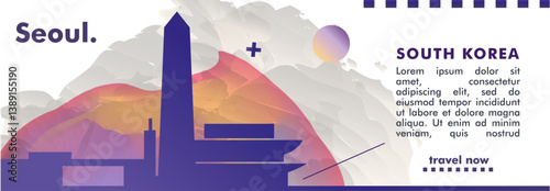 South Korea Seoul city banner with skyline, cityscape, landmarks and attractions. Horizontal travel vector illustration layout for website, page, presentation, header, footer