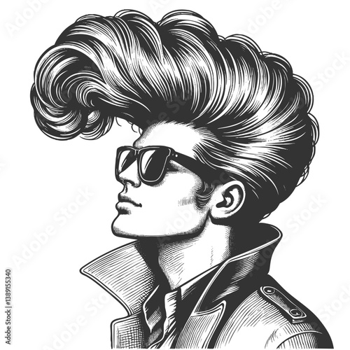 fashionable man with exaggerated, voluminous hair and a beard, wearing sunglasses and a tuxedo, surrealism with vintage aesthetics sketch engraving generative ai vector. Scratch board. Black and white