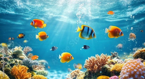 Fototapeta Naklejka Na Ścianę i Meble -  Colorful tropical fish and coral reef landscape background. Ocean life wallpaper with various colorful fishes swimming in the sea, isolated on a blue water surface. 