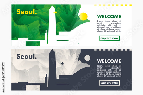 South Korea Seoul city banner pack with skyline, cityscape, landmarks and attractions. Horizontal travel vector illustration set, layout for website, page, presentation, header, footer