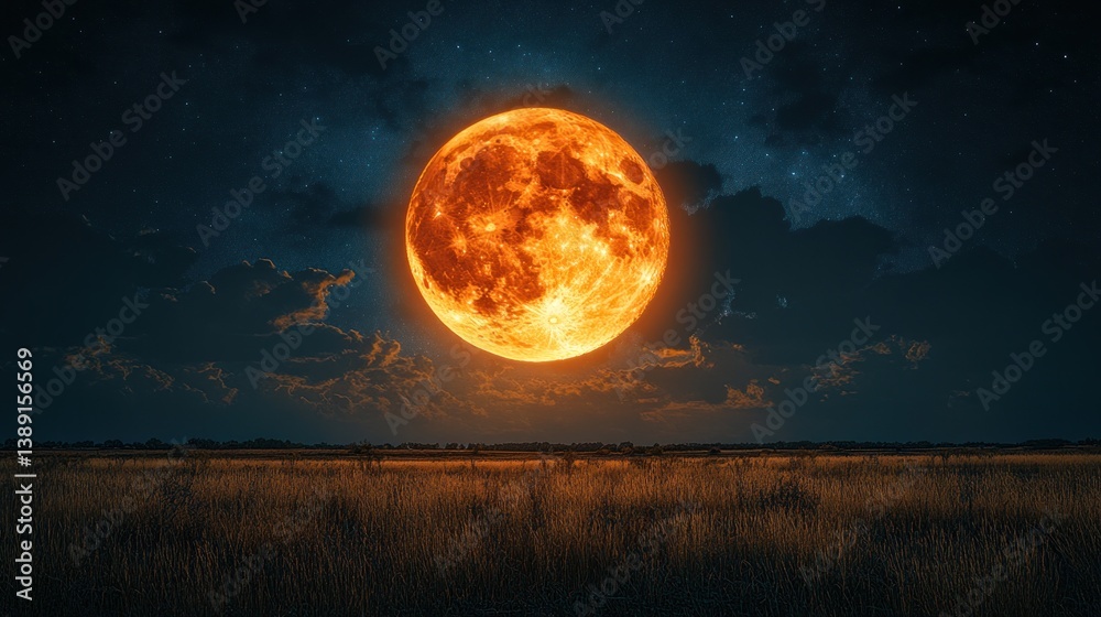 Fototapeta premium Blood moon over a field at night