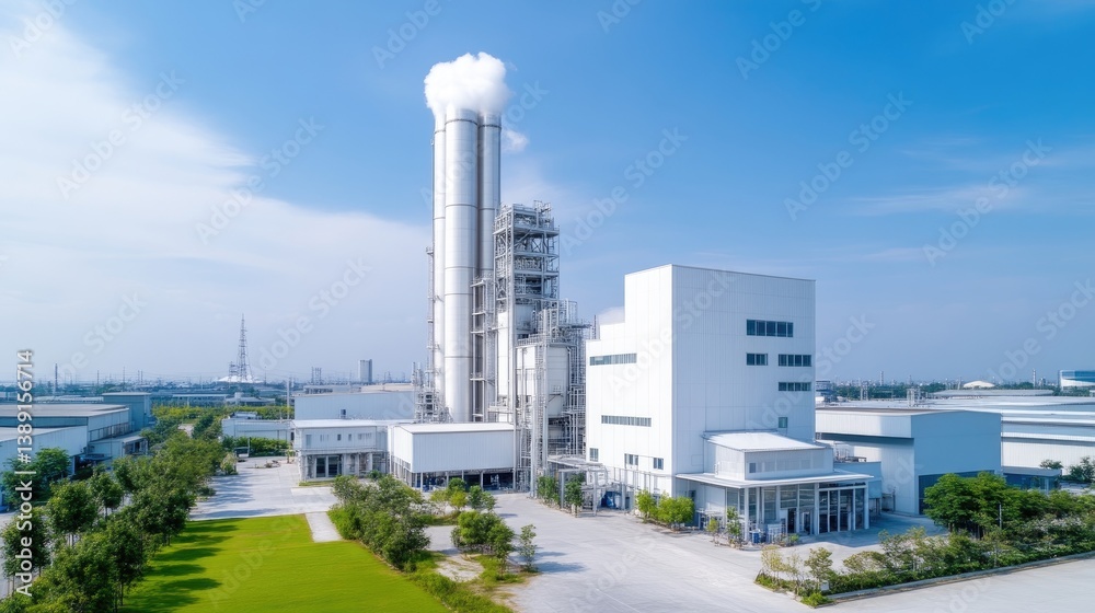 Fototapeta premium Modern industrial plant complex with white structures and a tall stack. Spacious grounds with greenery