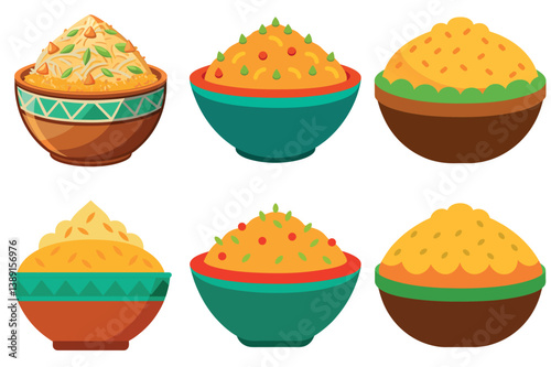 Collection of Delicious and Colorful Rice Dishes in Various Bowls
