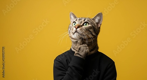 A cat in a black sweatshirt is thinking and touching his chin with his hand looking up , isolated on a yellow background 
