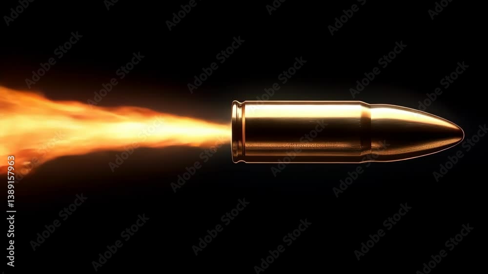 A close-up view of a golden bullet in motion, emitting flames and sparks against a black background, symbolizing speed and power