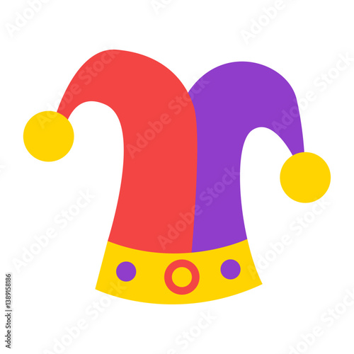 Jester hat with bells, festive carnival headdress in cartoon style for comedy and entertainment. Vector illustration.