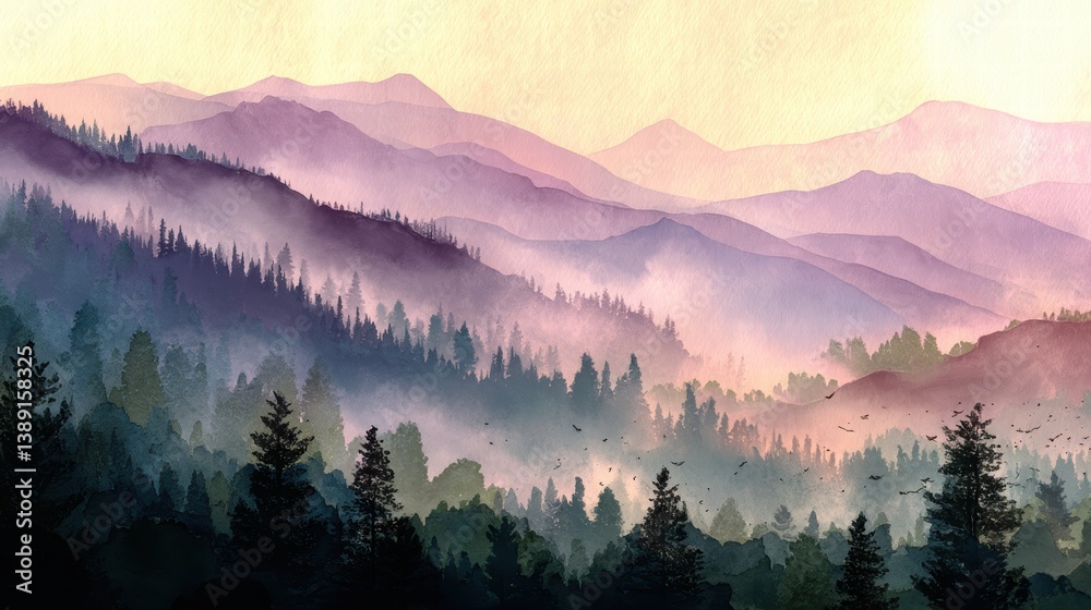 Obraz premium Watercolor of landscape forest misty mountains horizon and fog and hills,pine tree fir tree,Autumn forest background,drawn by hand,Autumn illustration design elements for landscape,wallpaper.