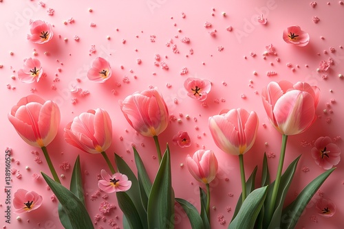 Creative springtime flat lay for Mother's Day celebration with blooming flowers and gifts