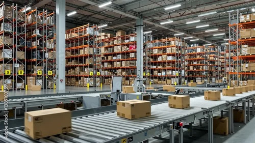 Boxes on conveyor belts in a warehouse with shelves filled with goods and bright overhead lighting