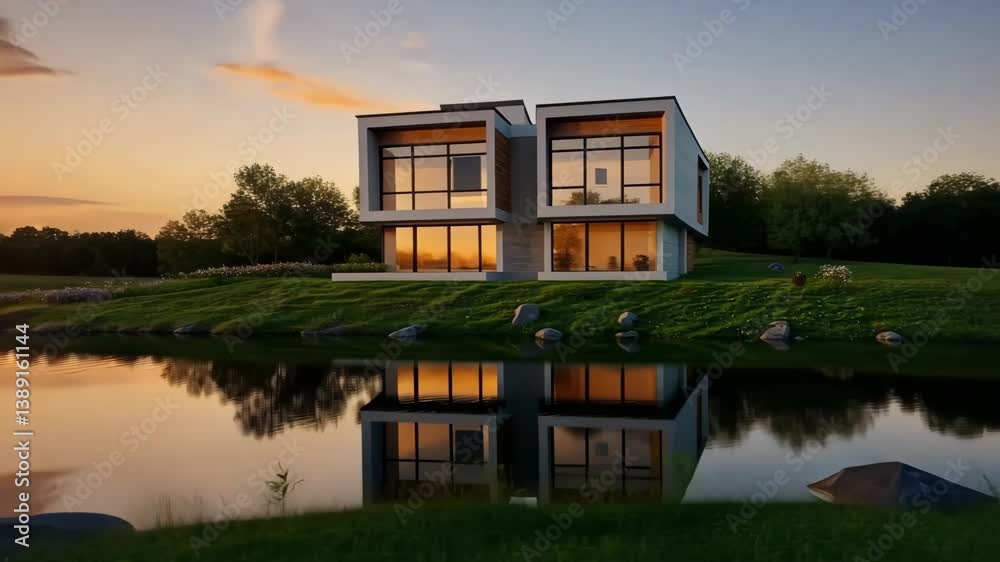 Modern house reflected in lake at sunset with grass and trees in a scenic landscape view near water Modern house reflected in lake at sunset with grass and trees in a scenic landscape view near water