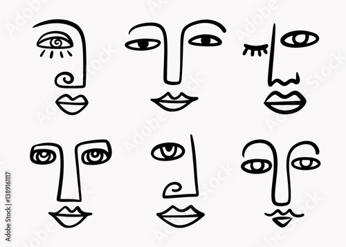 Fashion cubism one line drawing woman face set