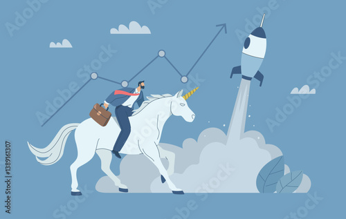 Businessman riding unicorn running soaring with rocket launcher, Business startup concept, Success symbol, Flat vector design illustration.