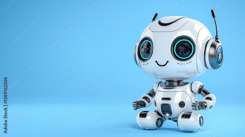 Friendly And Cute Robot Character With Headset On Blue Background Friendly And Cute Robot Character With Headset On Blue Background