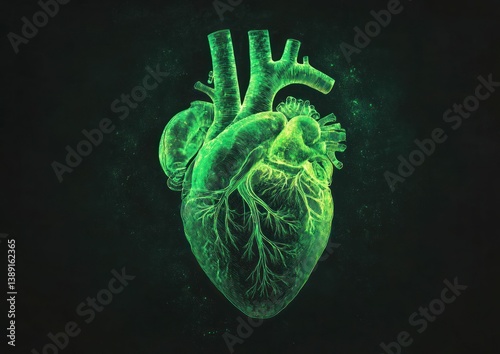 Fototapeta kuchenna Glowing green heart on a black backdrop, anatomical study with vibrant veins