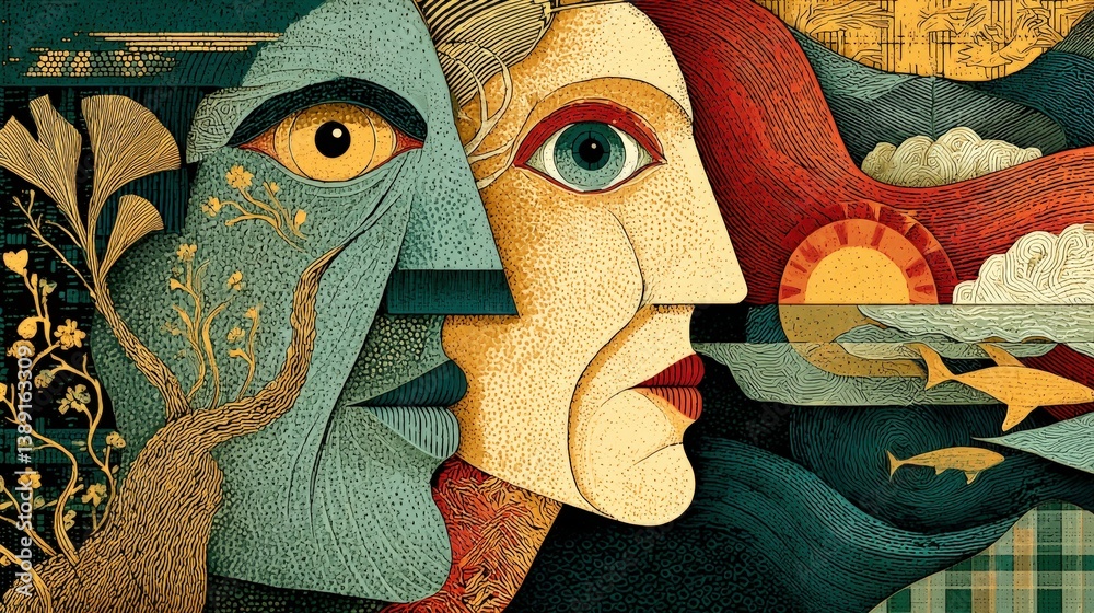 Obraz premium Abstract faces with nature and patterns.