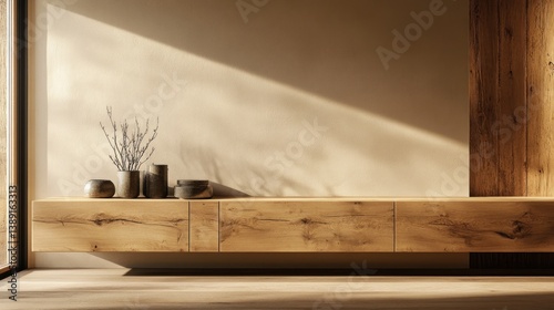 Minimalist modern wooden console cabinet in a sunlit zen living room.