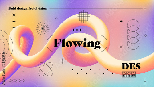 Grain textured cool gradient background with geometric shapes. Fluid holographic gradient poster for wall art or social media cover. Modern wallpaper design template, brutalism inspired. Vector