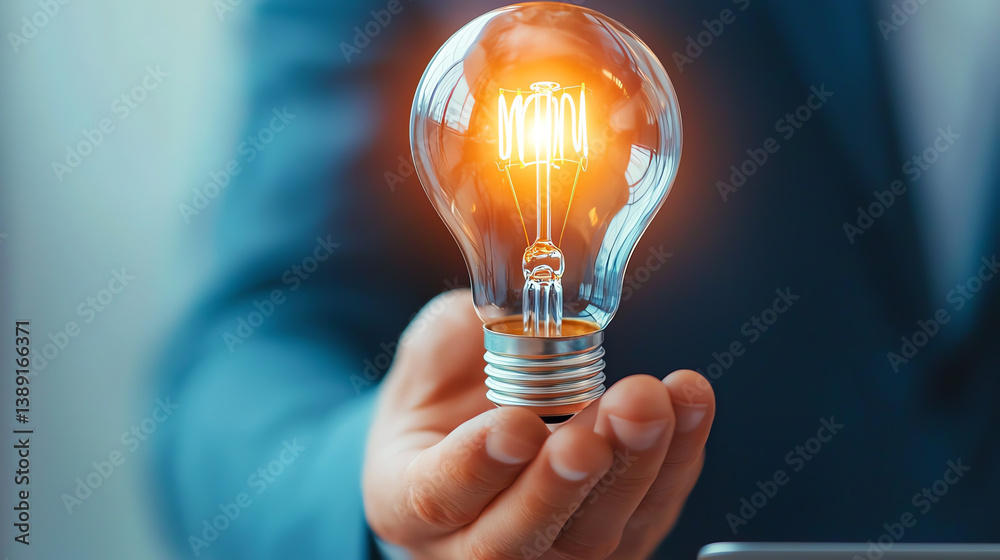 A business professional holding a glowing light bulb, symbolizing innovation and creative ideas in a corporate environment. A business professional holding a glowing light bulb, symbolizing innovation and creative ideas in a corporate environment.