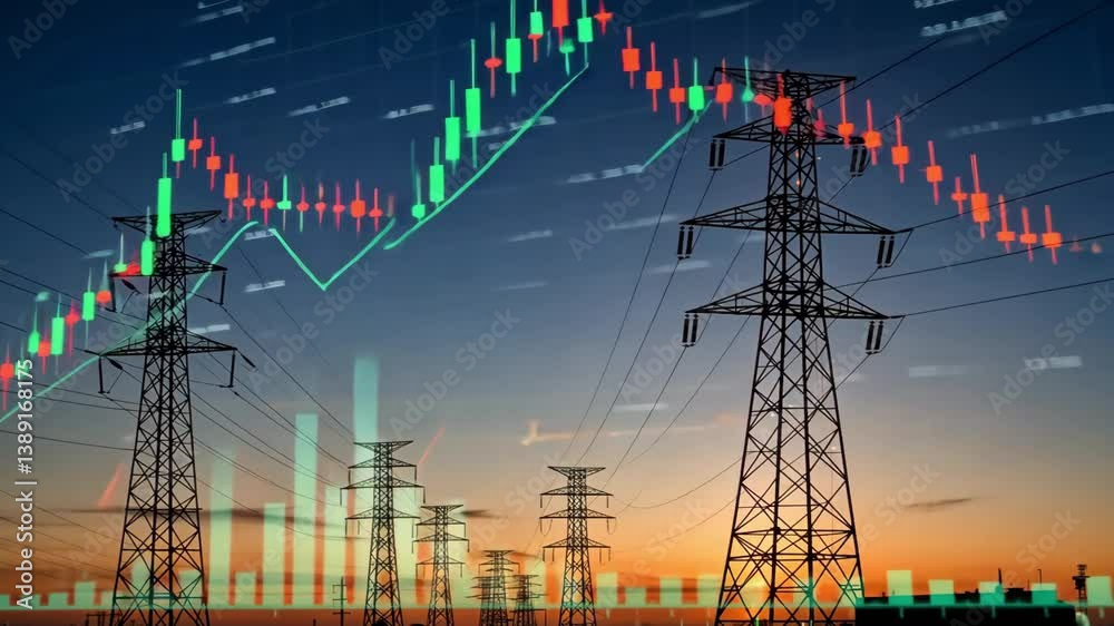 Transmission towers with power lines and superimposed stock market analysis chart overlaying the scene