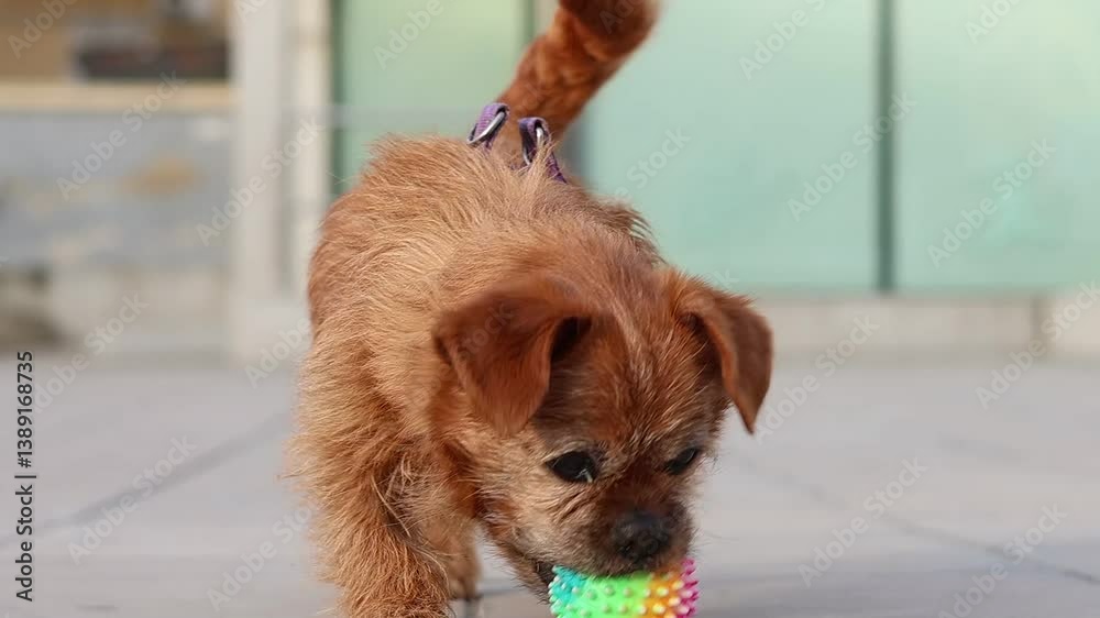 Perro faldero se acerca a cámara con pelota en la boca durante el juego de la mañana, Alcoy, España