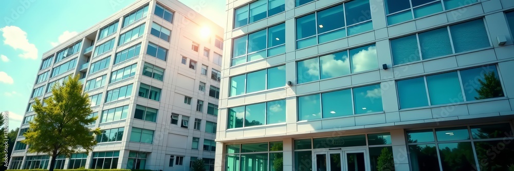 Close-up view of office building with many closed windows on a sunny day, cityscape, architecture Close-up view of office building with many closed windows on a sunny day, cityscape, architecture