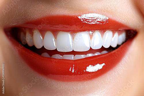 A close-up of a bright smile featuring white teeth and vibrant red lipstick, conveying joy and confidence.