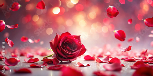 Red Rose Petals Falling on Abstract Floral Background – Romantic Greeting Card Design