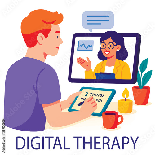 Bright vector illustration with young man holding a teal tablet during an online therapy session. Isolated design in vibrant palette of turquoise, yellow, purple colors on white background.