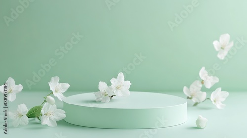 Mint Green Podium with White Cherry Blossoms