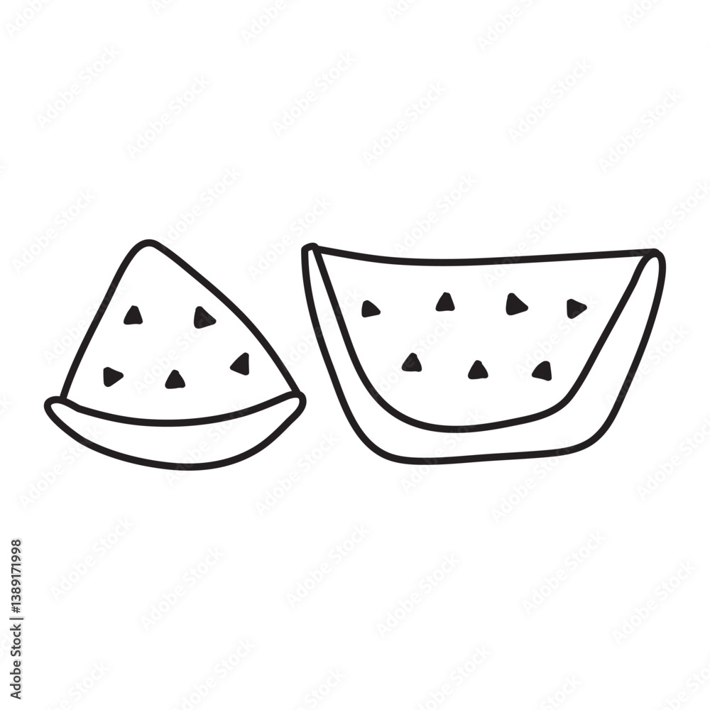 Two slices of watermelons. Outline vector hand drawn illustration on white background. Two slices of watermelons. Outline vector hand drawn illustration on white background.