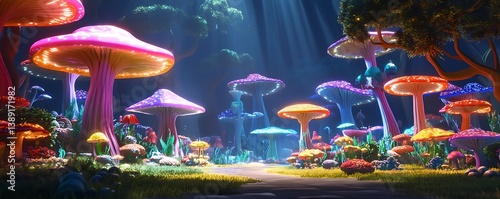 Vibrant mushroom forest in an enchanted realm. Lush, magical landscape with glowing fungi. Fantasy illustration. Use digital art, book cover