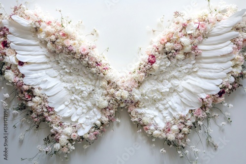 Decorative Floral Arrangement Resembling Wings Against a White Wall