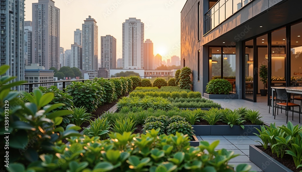 Fototapeta premium Eco Friendly Urban Rooftop Garden at Sunrise with Lush Greenery