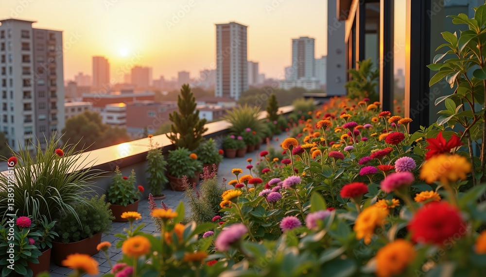 Fototapeta premium Vibrant Urban Rooftop Garden at Sunset, Eco Friendly Cityscape